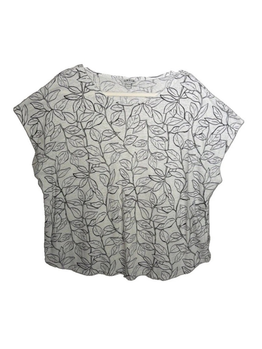 Orvis Classic Top Women’s XXL White/Blk Leaf Print Linen Blend Top Cap Sleeve